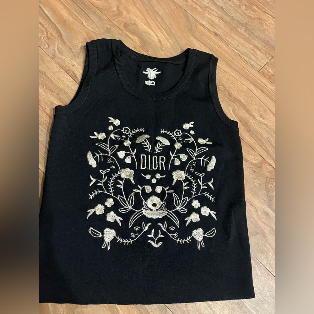 Dior Black Knit Floral Embroidered Crop Tank